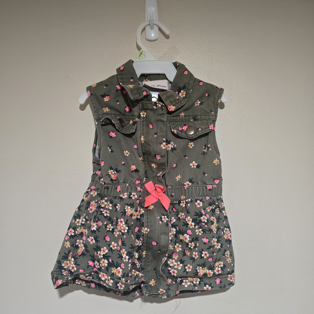 Little Lass Denim 2T Vest, Bright Pink Floral Accents, Full Front Zipper